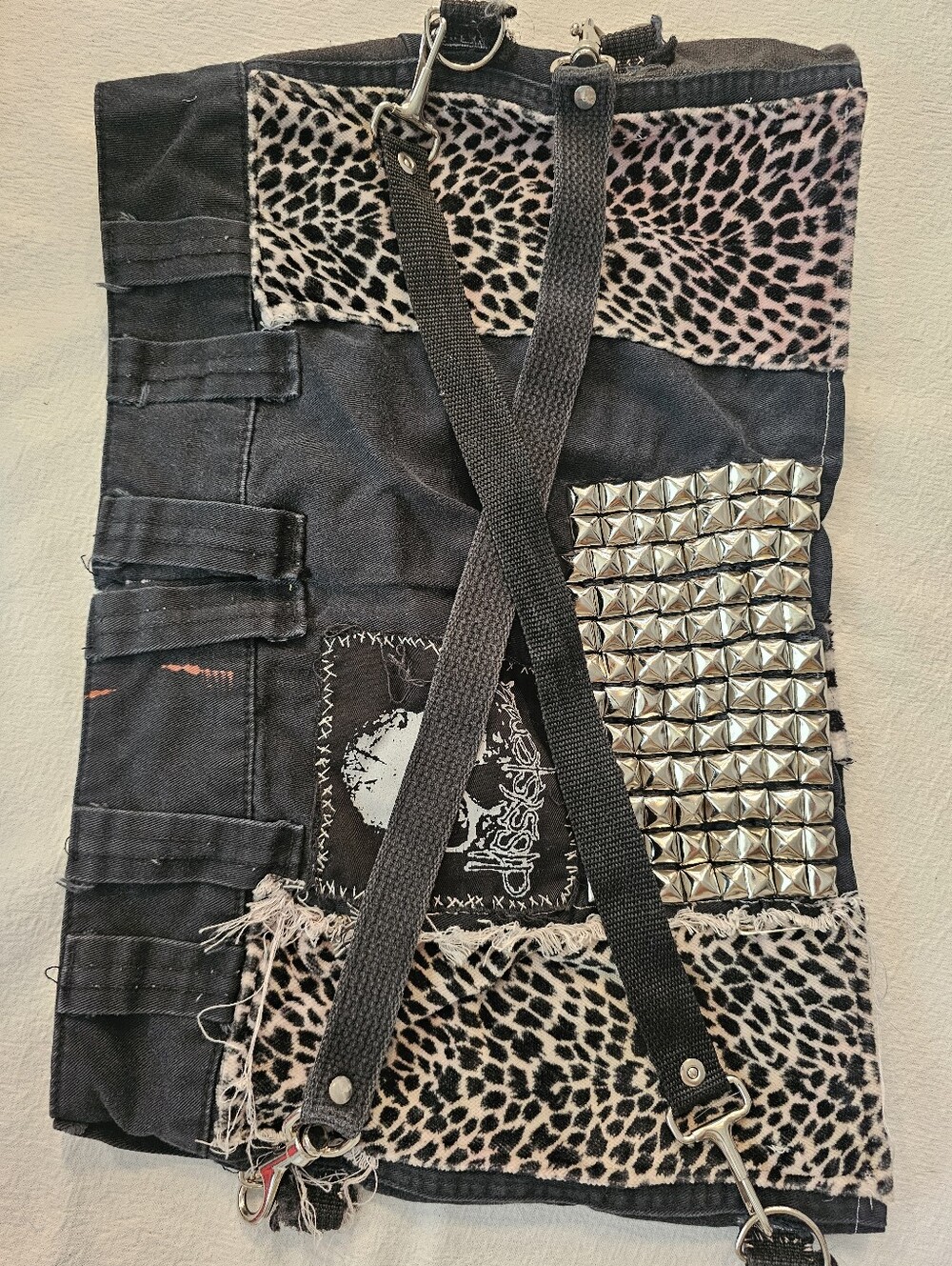 Reworked Y2K Crust Punk Denim Mini Skirt Dissystema Band Patch Leopard Studs S